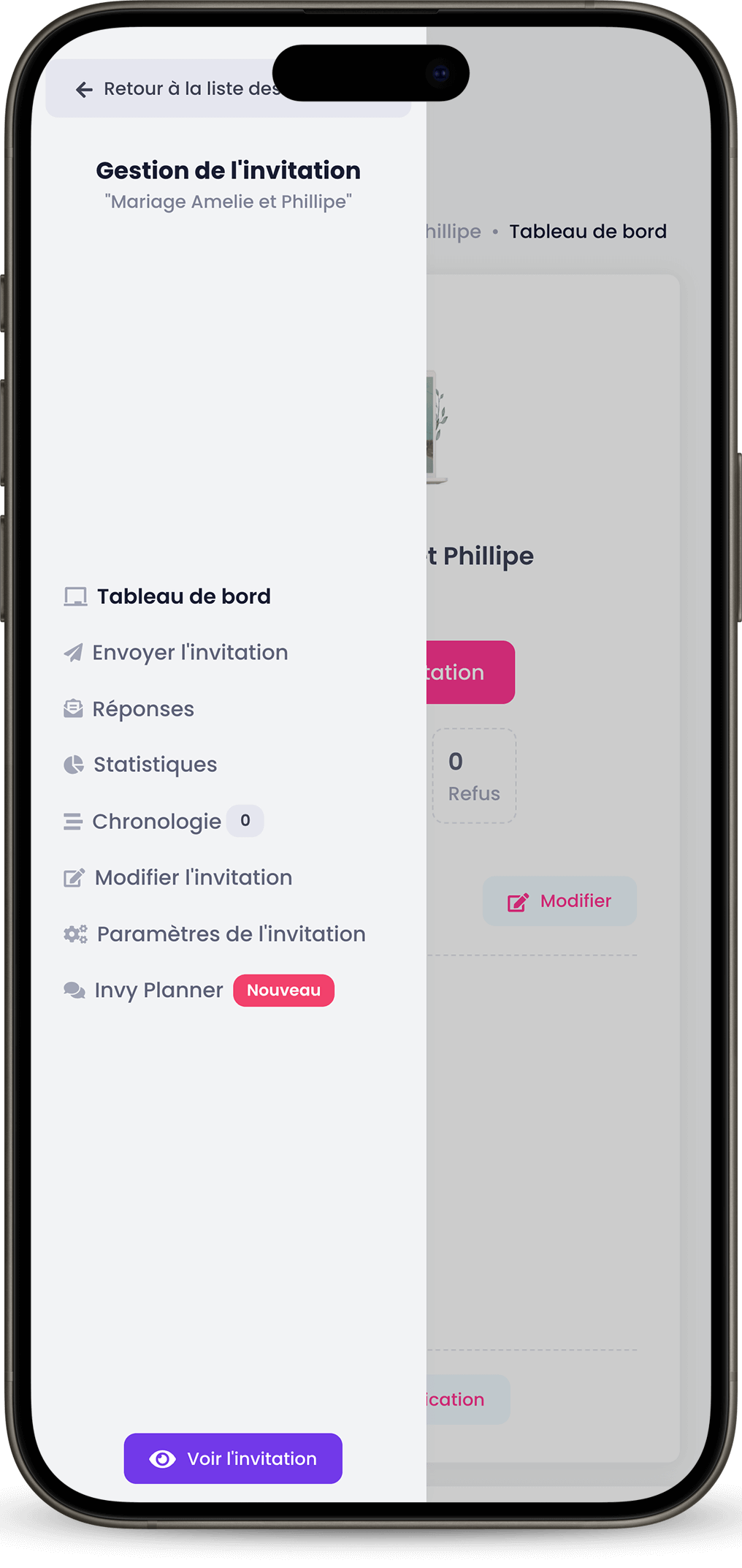 Menu du tableau de bord InviteMe.fr