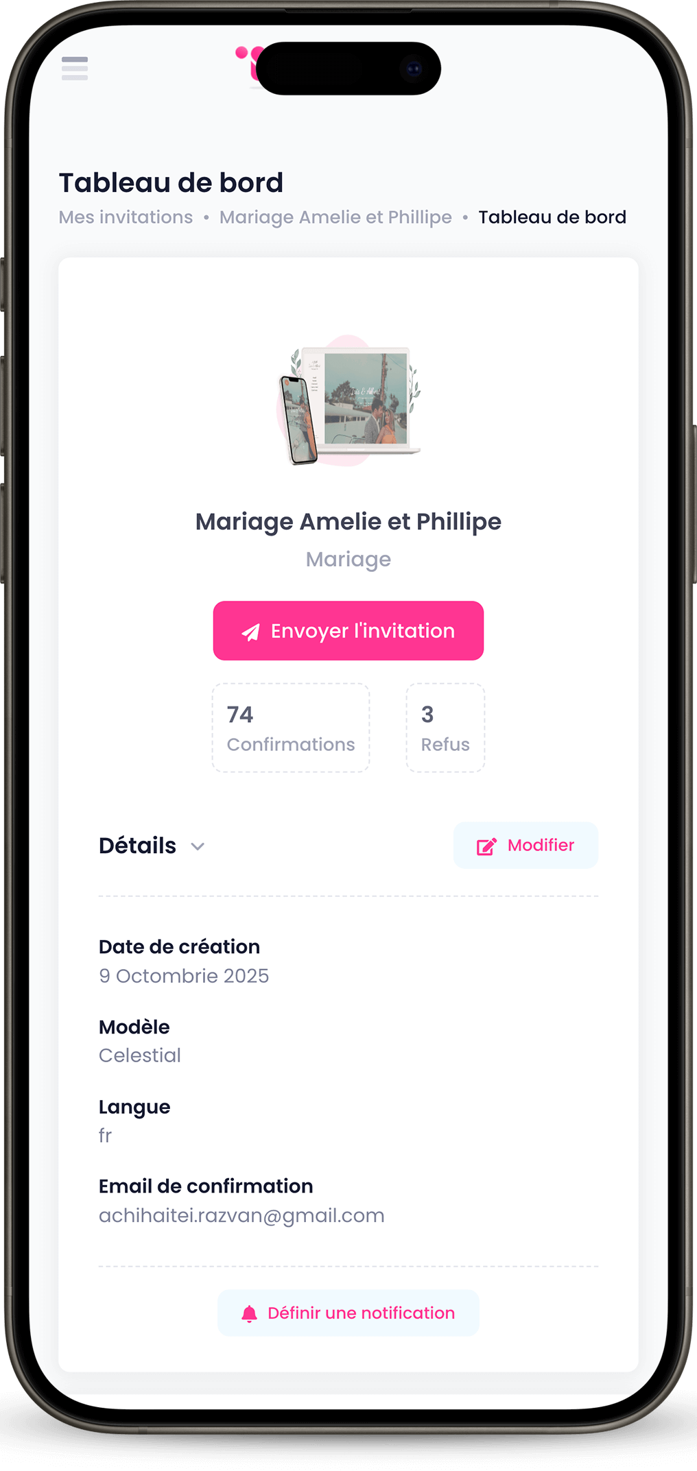 Tableau de bord InviteMe.fr