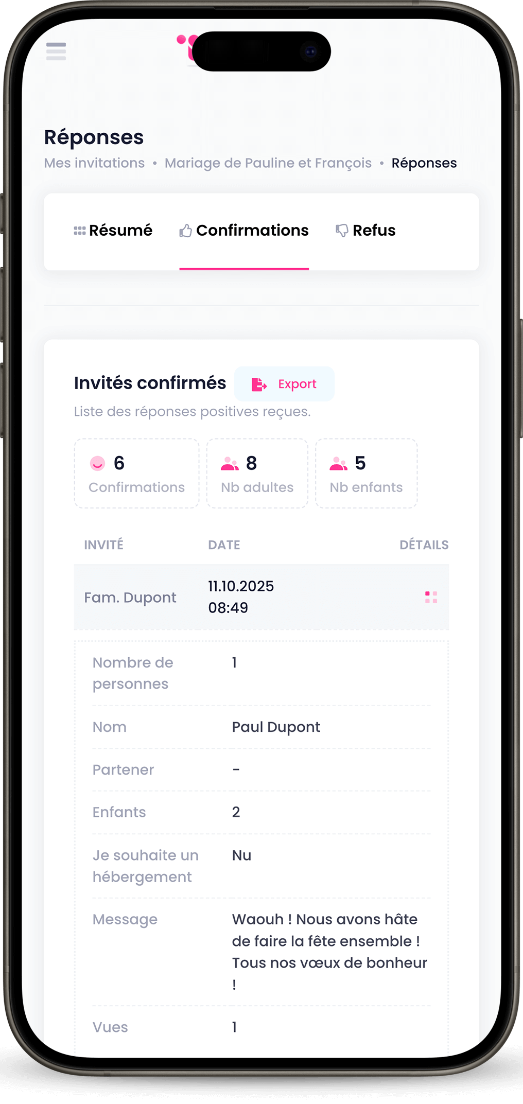 Liste des confirmations des invités - InviteMe.fr