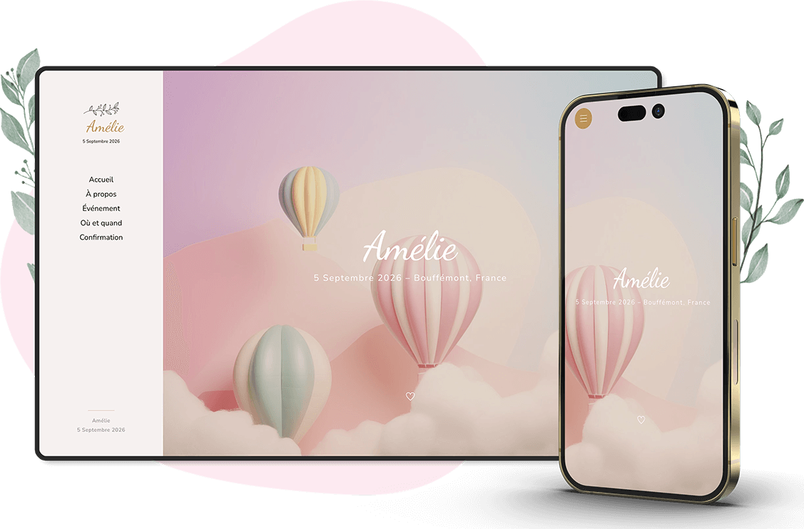 Modèle d'invitation en ligne pour Baptême : personnalisez Angelic selon vos envies.