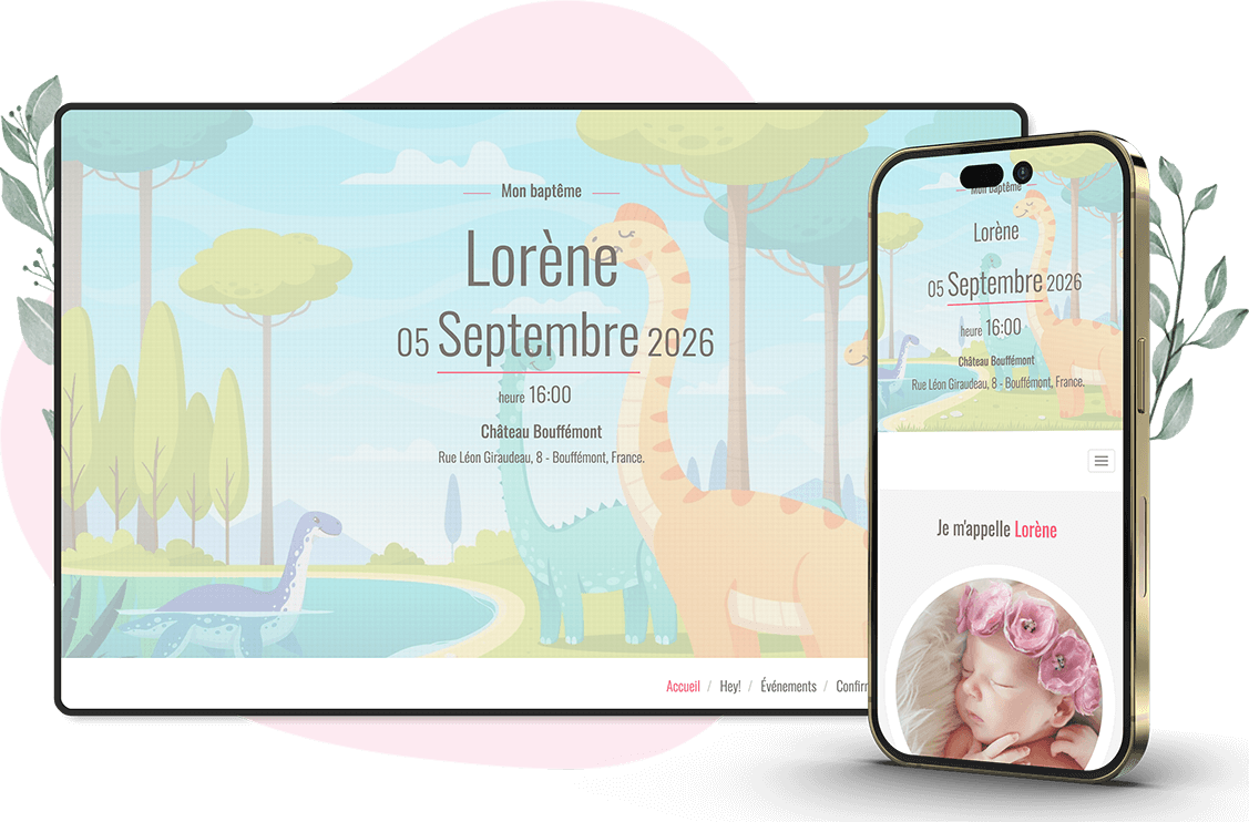 Modèle d'invitation en ligne pour Baptême : personnalisez Pure selon vos envies.