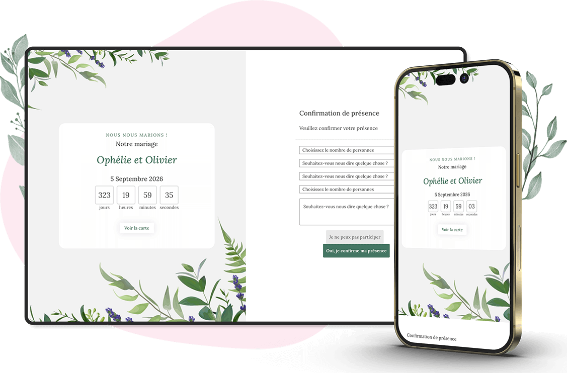 Modèle d'invitation en ligne pour Mariage : personnalisez Minimal selon vos envies.