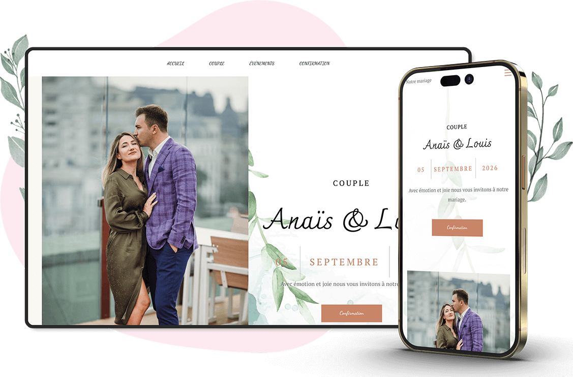 Modèle d'invitation en ligne pour Mariage : personnalisez Serenity selon vos envies.